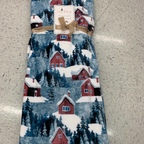 Snow Red Christmas House Village Winter Trees Holiday Plush Throw Blanket Blue - Picture 5 of 8